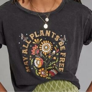 Anthropologie Black Graphic Tee with Floral Design